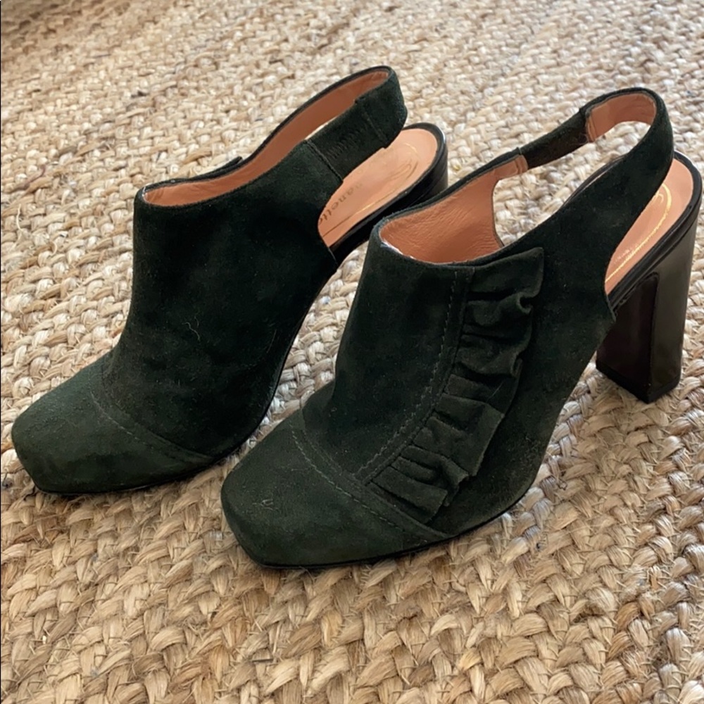 Nanette Lepore green suede bootie with strap.